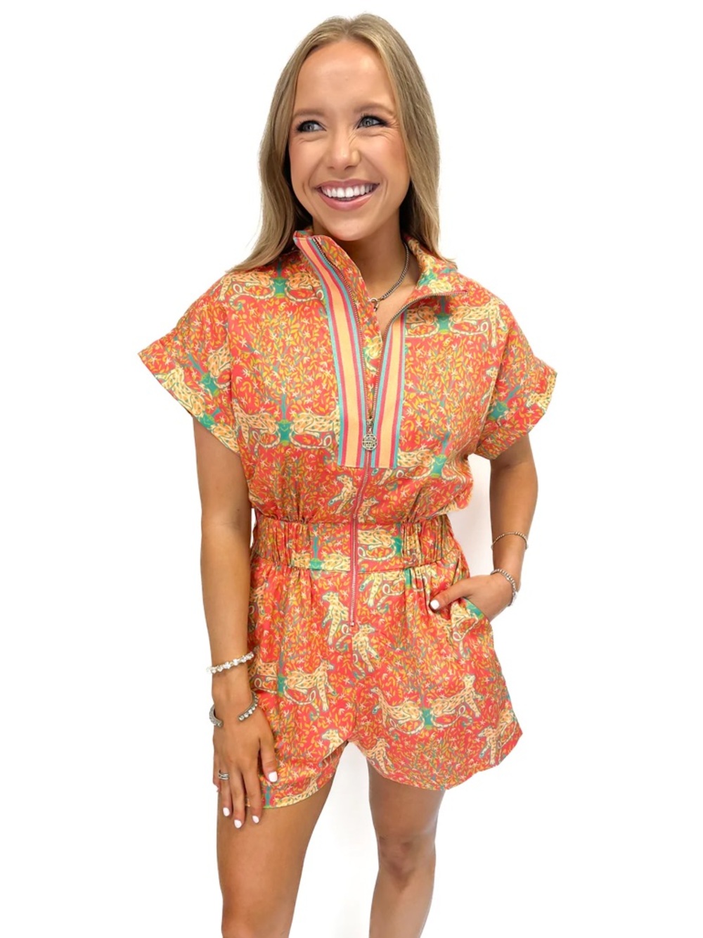 Emily McCarthy Poppy Romper Cloister Orange Tiger Zip